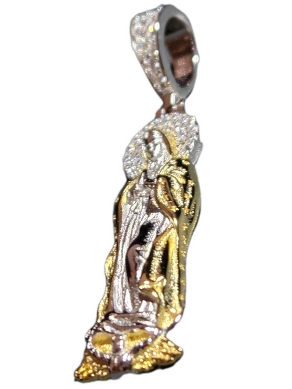 14k Gold Vermeil MOISSANITE Virgin Mary Pendant Over 925 Silver NEW - Picture 6 of 10